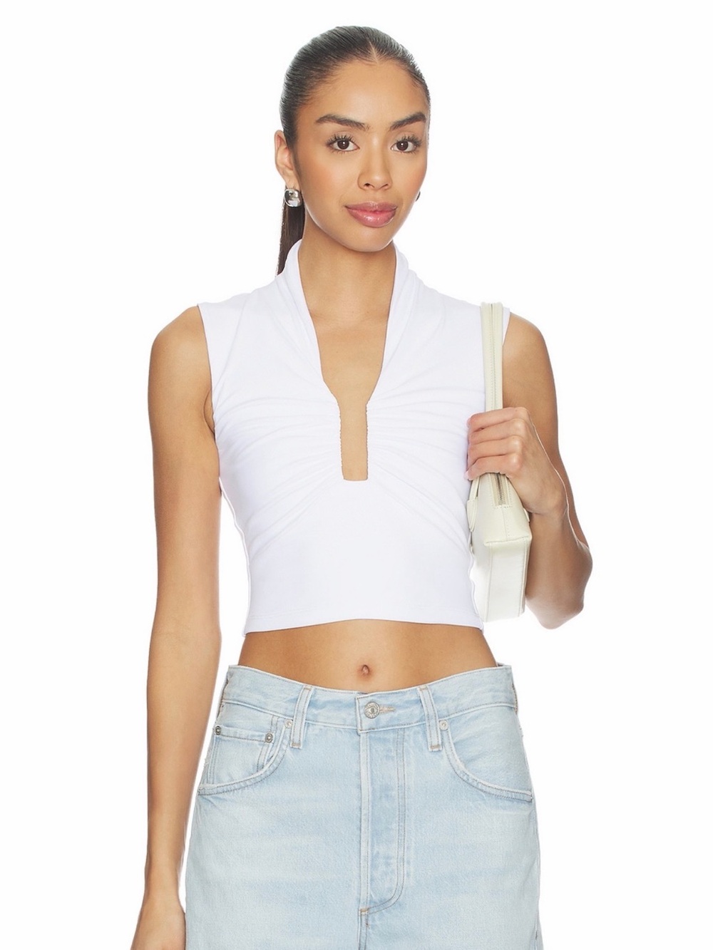 Susana Monaco White Sleeveless V-Notch Cropped Top